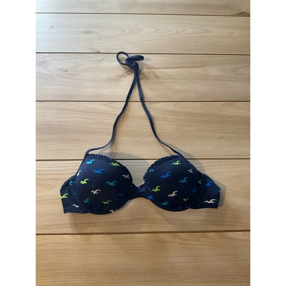 Hollister Women's Push-Up Bikini Top 34C Medium Navy Blue Logo Print Halter Swim - Picture 1 of 4